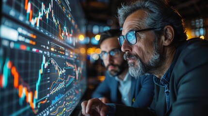 Two Diverse Stock Traders Analyzing Data on Digital Screens in a Modern Office