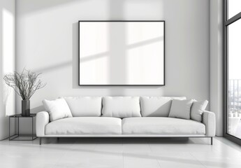Minimalist white interior with modern design, featuring posters in living room layout, white sofa, and copy space. High-quality photo