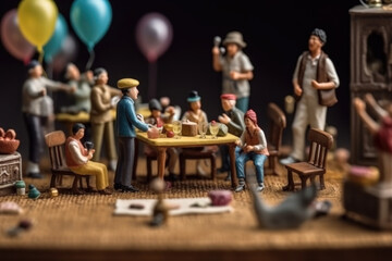 Various toy figurines are seated around a table, appearing engaged in a discussion or gathering