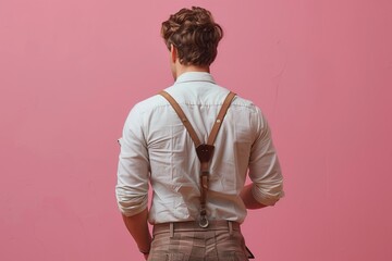 Stylish man with suspenders facing away
