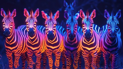 Obraz premium Seven zebras, glowing zebra pattern, colorful. Generative AI.