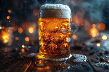Glass of beer with foam on a wooden table with defocused lights - Powered by Adobe