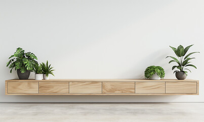 3D rendering, Wooden floating cabinet with plants on a white wall in the style of a minimalist home interior design of a modern living room, shown in a closeup view