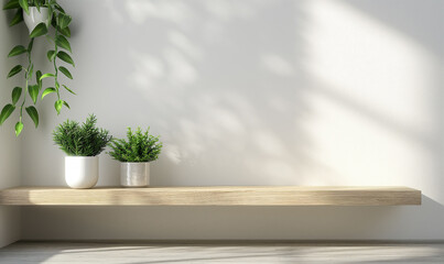 3D rendering, Wooden floating cabinet with plants on a white wall in the style of a minimalist home interior design of a modern living room, shown in a closeup view