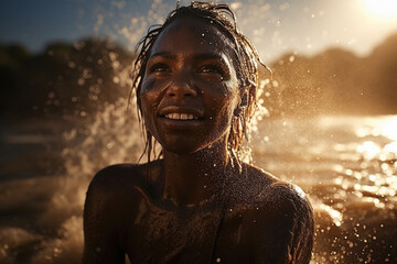 A woman stands in shallow water, surrounded by a body of water - Powered by Adobe