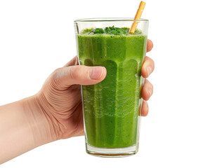 Hand holding Glass of Green Goddess Spinach kale green apple and banana Smoothies cut out transparent isolated on white background ,PNG file ,artwork graphic design.