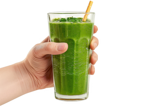 Hand holding Glass of Green Goddess Spinach kale green apple and banana Smoothies cut out transparent isolated on white background ,PNG file ,artwork graphic design.