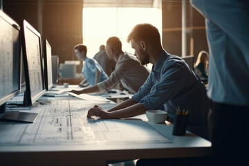 Obraz premium A team of focused professionals working on computers and discussing projects in a bright office setting