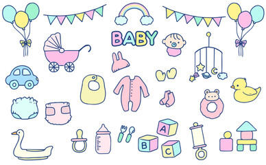 かわいい手描きのベビー用品イラストのセット