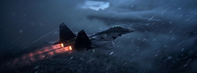 Photography,  Fighter Jet Flying Through the Night Sky with Storm Clouds, A Powerful  Jet Soaring in a Dark, Cloudy Sky with Jet Flames Illuminating the Scene