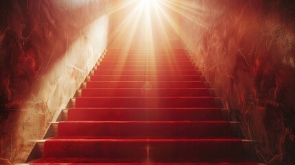 a staircase leading to a red carpet and sun beaming above realistic