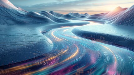 Twisting 3D roads in a surreal landscape, leader pointing forward, vibrant colors. Generative AI.