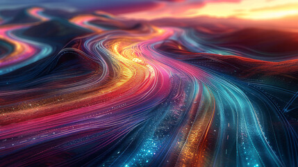 Twisting 3D roads in a surreal landscape, leader pointing forward, vibrant colors. Generative AI.