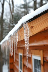 Icicles hanging from roof edge   stunning frozen water droplets on building overhang