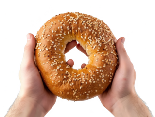 Hands holding delicious Bagel cut out transparent isolated on white background ,PNG file ,artwork graphic design.