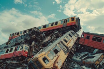 A collection of train cars stacked on a mound of rubble, A jumble of train cars piled on top of each other in a mangled mess