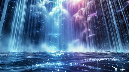 Vertically long water waterfall, energy flow, water flow, particles, light. Generative AI.