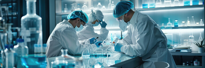 Diverse group of scientists conducting experiments and analyzing data in a modern laboratory setting