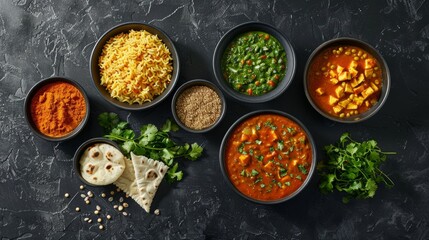 Assorted various Indian food on a dark rustic background. Traditional Indian dishes Chicken tikka...