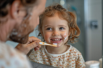 Child, dad and brushing teeth in a family home bathroom for dental health and wellness in a mirror. Face of man and girl kid learning to clean mouth with toothbrush and smile for oral hygiene