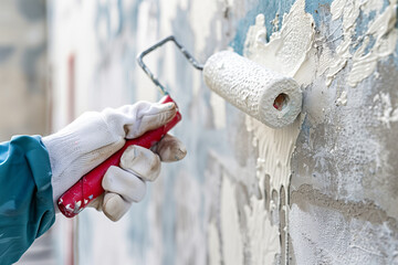 Painter hand in white glove painting a wall with paint roller, real estate, new home concept