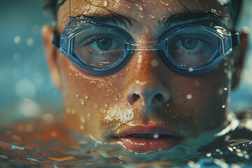 Closeup of handsome young athletic man wearing swimming goggles doing the butterflies stroke in an indoor pool