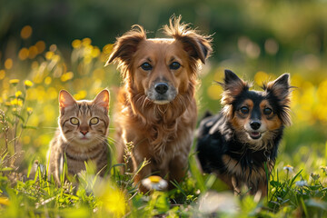 Group of pets two cats and a couple of dogs walking on the grass in a sunny summer meadow