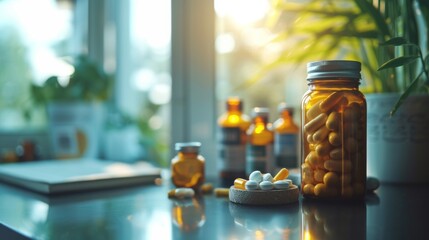 Medicine pill drug tablet in bottle on table at home closeup view - Powered by Adobe