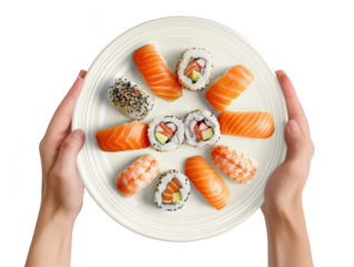 Hands holding a plate with Sushi cut out transparent isolated on white background ,PNG file ,artwork graphic design.