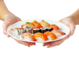 Hands holding a plate with Sushi cut out transparent isolated on white background ,PNG file ,artwork graphic design.