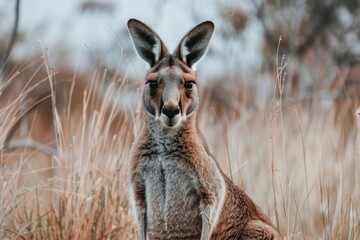Fototapeta premium A kangaroo is seated amidst tall grass in the Outback, A kangaroo standing majestically in the Outback