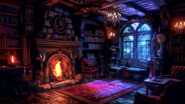 Animated background of witch room, medieval fantasy. looping time-lapse video