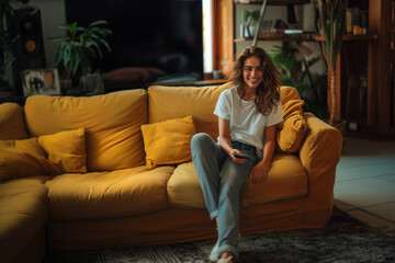Obraz premium A beautiful latina woman is sitting on a yellow couch with a cellphone in her hand