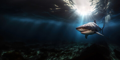Un requin bouledogue nageant, chassant sous la surface de l'eau, les rayons du soleil traversant l'océan, image avec espace pour texte.