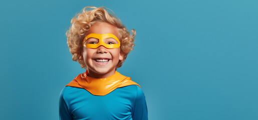 Un enfant âgé de 10 ans, blond, souriant, portant un costume de super-héros bleu, avec une cape...