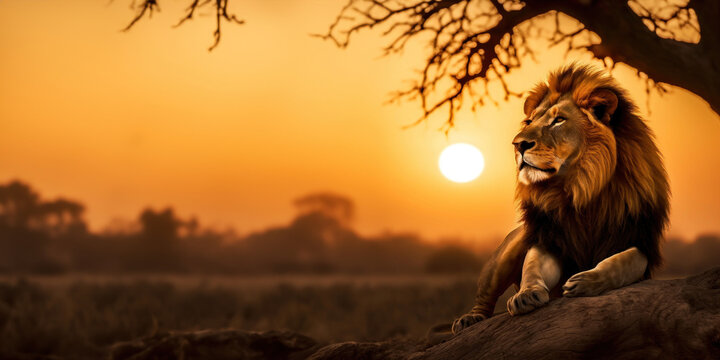 Un lion couch&eacute; sous un arbre dans la savane africaine, regardant au loin, sous un coucher de soleil magnifique, ciel orange, image avec espace pour texte.