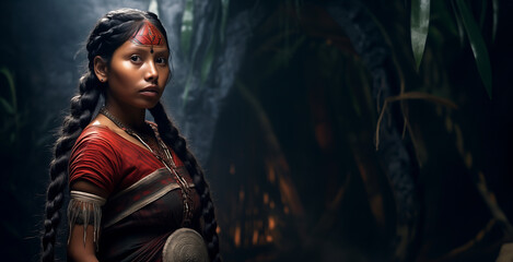 Une jeune femme Maya, cheveux tressés, habillée en costume traditionnel, la nuit, dans la jungle, image avec espace pour texte.