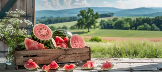 Ripe watermelons in wooden crates at farm stand with scenic countryside view and lush green fields - Powered by Adobe