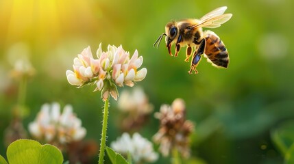 Honey bee in flight from a clover flower