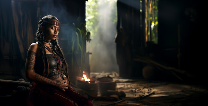 Une jeune femme Maya, enceinte, cheveux tress&eacute;s, habill&eacute;e en costume traditionnel, assise dans sa hutte, image avec espace pour texte.