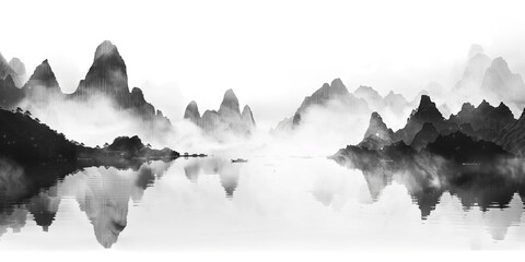 landscape in Chinese Ink style, isolated on transparent background