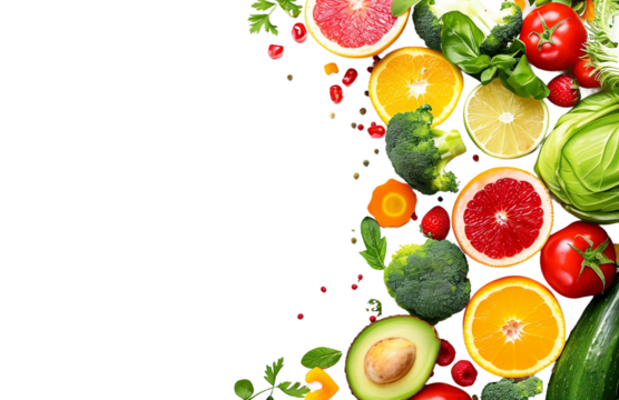 fruits and vegetables border background, isolated on transparent background