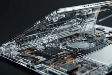 Detailed view of the internal components of a cell phone, including circuit boards, wires, and connectors, A laptop with a transparent casing, revealing the inner workings and components