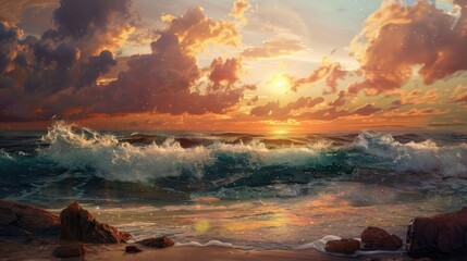 A sunset over the ocean with waves crashing on the shore and rocks. Seascape with sand beach, cloudy sky. realistic