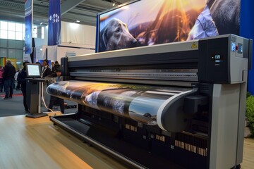 A large printer is showcased at a convention, demonstrating its capabilities to produce stunning prints, A large format printer producing stunning panoramic photos