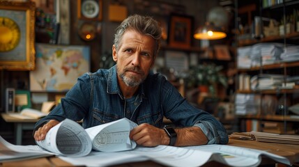 Architect Reviewing Blueprints in a Cluttered Office Space