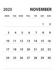 November 2025-Calendar 2025 template vector on white background, week start on monday, Desk calendar 2025 year, Wall calendar design, corporate planner template, clean style, stationery, organizer
