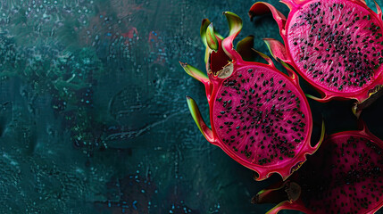 Close-up of sliced dragon fruit with vivid pink flesh and black seeds, set against a textured green...