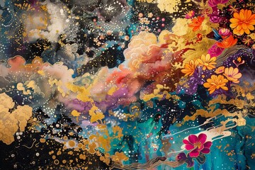 A painting depicting brightly colored flowers against a dark black backdrop, A lavish and extravagant canvas adorned with glittering accents