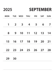 September 2025-Calendar 2025 template vector on white background, week start on monday, Desk calendar 2025 year, Wall calendar design, corporate planner template, clean style, stationery, organizer